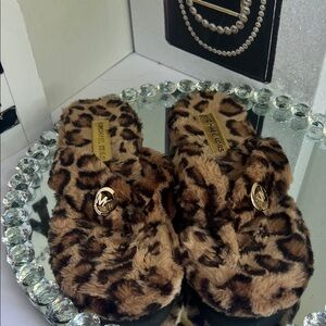 Michael Kors Leopard Print Furry Slippers size 9.5